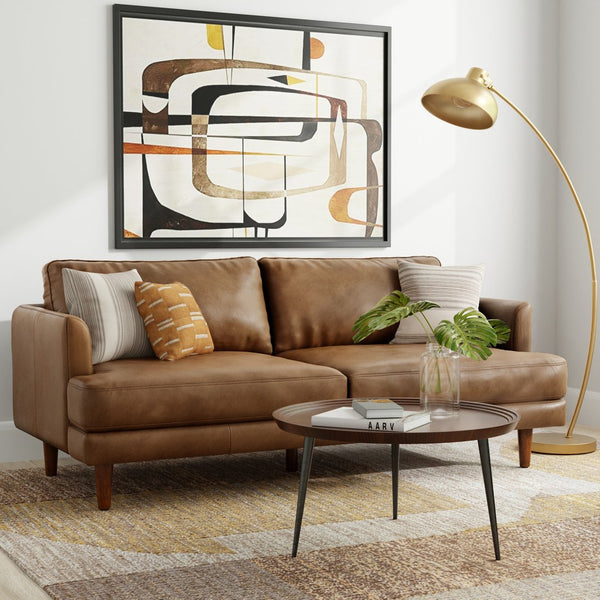 English Elm Livingston 76-Inch Caramel Brown Leather Sofa – Mid-Century Modern Loveseat For Cozy Living Spaces B136P159621