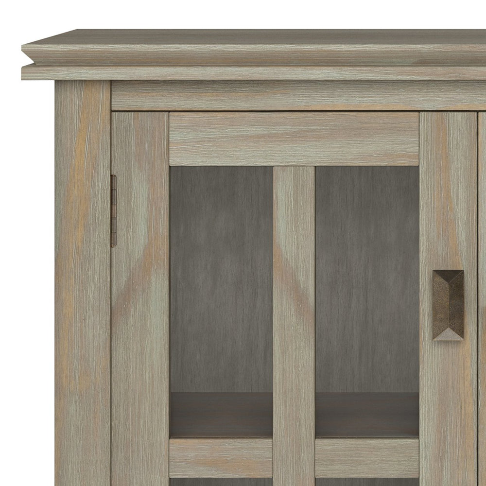 English Elm Artisan Low Storage Cabinet - Distressed Grey Wood, Glass Doors, Adjustable Shelves For Versatile Elegance B136P158394