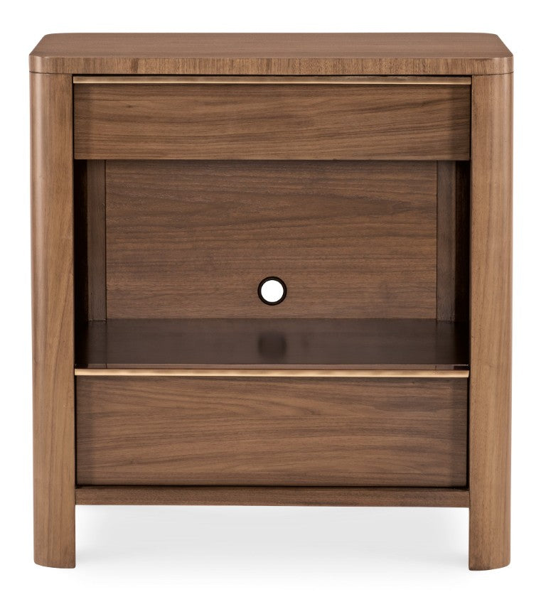Hooker Furniture Eleana Walnut Two-Drawer Nightstand With Integrated Charging, Sunlit Bronze Hardware, Soft Rounded Edges 7252-90116-85