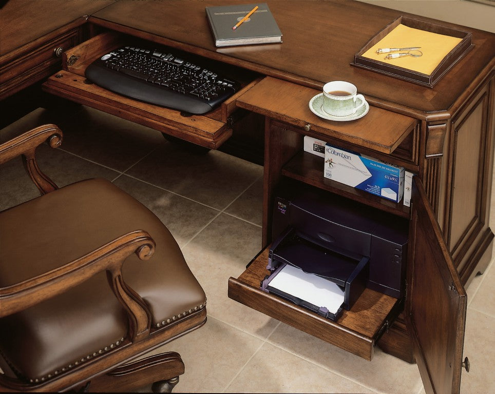 Hooker Furniture Brookhaven Distressed Cherry Executive L Right Return Desk — Hardwood, Locking Pedestal, Printer Tray, Cable Management 281-10-453