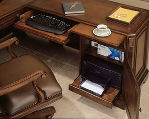 Hooker Furniture Brookhaven Distressed Cherry Executive L Right Return Desk — Hardwood, Locking Pedestal, Printer Tray, Cable Management 281-10-453