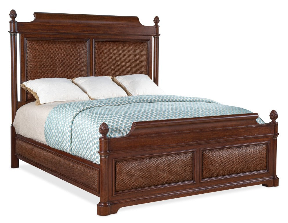 Hooker Furniture Charleston California King Panel Bed With Cherry & Walnut Veneers, Cane Accents, Pineapple Finials 94.75 L x 83.50W x 74.00H 6750-90260-85
