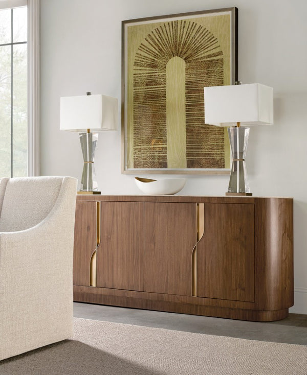 Hooker Furniture Eleana Credenza With Caramel Walnut Veneer, Honed Marble Top & Sunlit Bronze Hardware For Luxe Storage 7252-85006-85