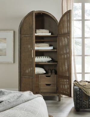 Hooker Furniture Sundance Pecan & Rattan Wardrobe — Cliffside Finish, Distressed Coastal-Rustic Storage With Drawers 6015-90013-89