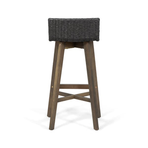 English Elm Christopher Knight Home® - LA La Brea Acacia Wood & Wicker Barstool Set of 2 — Outdoor Faux Rattan Seats with Iron X-Stretcher Frame Grey 65431.00GRY