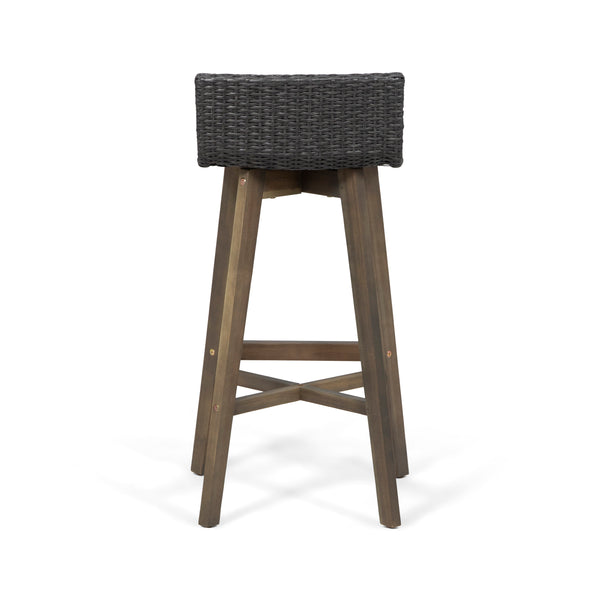English Elm Christopher Knight Home® - LA La Brea Acacia Wood & Wicker Barstool Set of 2 — Outdoor Faux Rattan Seats with Iron X-Stretcher Frame Grey 65431.00GRY
