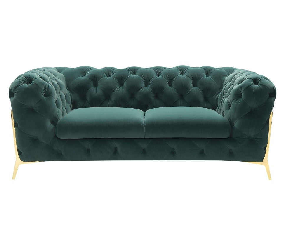 VIG Furniture Quincey Emerald Green Velvet Loveseat With Diamond Tufting, Overstuffed Tuxedo Arms & Gold Legs VGKNK8520-GRN-L