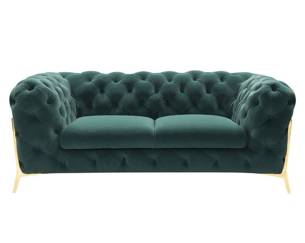VIG Furniture Quincey Emerald Green Velvet Loveseat With Diamond Tufting, Overstuffed Tuxedo Arms & Gold Legs VGKNK8520-GRN-L