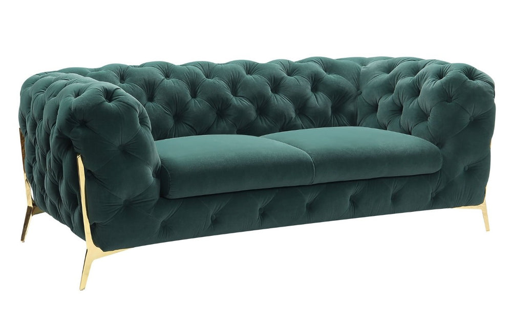 VIG Furniture Quincey Emerald Green Velvet Loveseat With Diamond Tufting, Overstuffed Tuxedo Arms & Gold Legs VGKNK8520-GRN-L