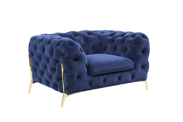 VIG Furniture Quincey Plush Blue Velvet Accent Chair With Diamond Tufting & Polished Gold Legs, Glam Comfort VGKNK8520-BLU-CH