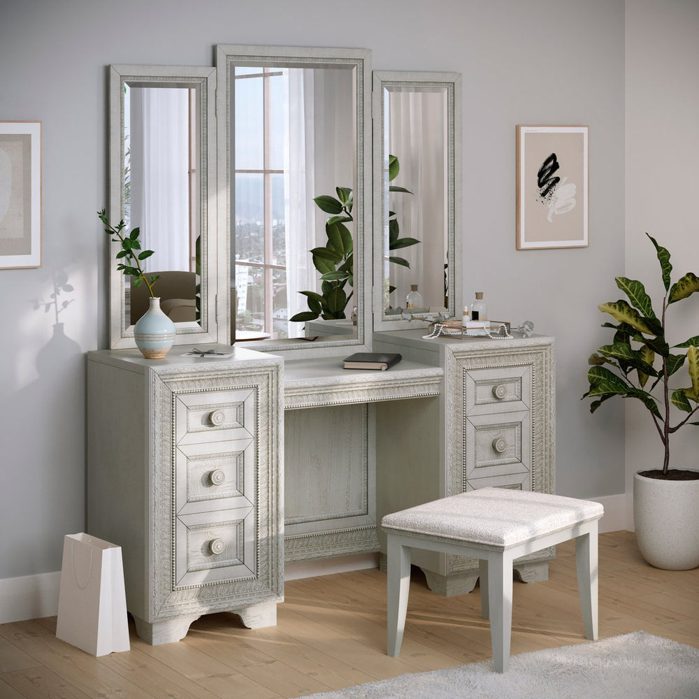Pulaski Furniture Camilla Vanity Set With Trifold Mirror & Elegant Stool - Glamorous Creamy White Finish & Storage Drawers Natural Rubberwood Solid And Quartered Prima Vera Veneer. P269-br-k12-pulaski