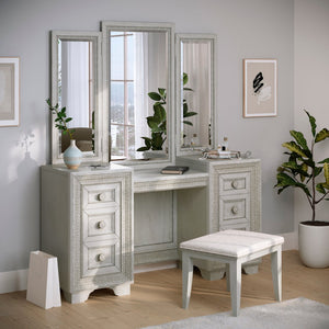 Pulaski Furniture Camilla Vanity Set With Trifold Mirror & Elegant Stool - Glamorous Creamy White Finish & Storage Drawers Natural Rubberwood Solid And Quartered Prima Vera Veneer. P269-br-k12-pulaski