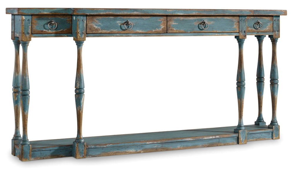Hooker Furniture Sanctuary Sky High Azure Blue Four-Drawer Thin Console — Slim Hallway Table With Distressed Patina And Lower Shelf Storage 5405-85003