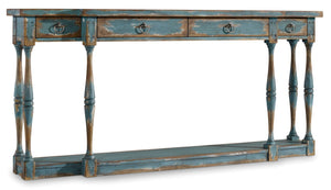 Hooker Furniture Sanctuary Sky High Azure Blue Four-Drawer Thin Console — Slim Hallway Table With Distressed Patina And Lower Shelf Storage 5405-85003