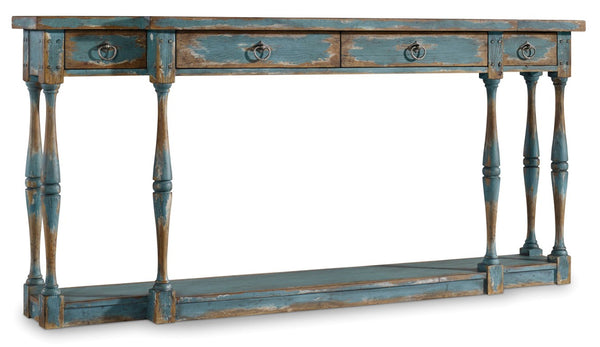 Hooker Furniture Sanctuary Sky High Azure Blue Four-Drawer Thin Console — Slim Hallway Table With Distressed Patina And Lower Shelf Storage 5405-85003