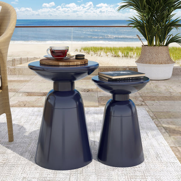 English Elm Serenita Outdoor Powder Coated Iron Pedestal Side Tables Sculptural Flared Set of Two Navy Blue 73614.00NBLU