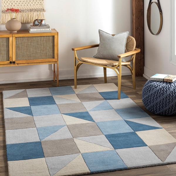 Surya Queens Modern Handmade 2' X 3' Luxury Wool Rug - High/Low Design For Stylish Indoor Spaces Denim Wool Qun2308-35