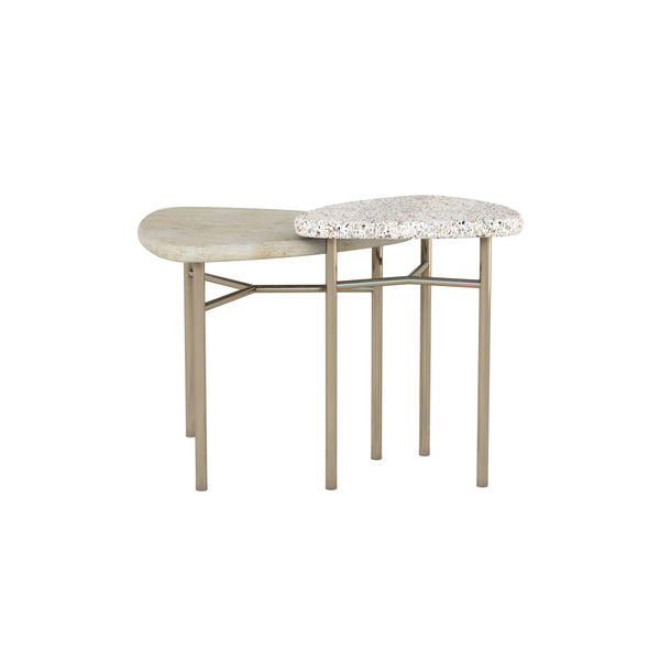 A.R.T. Furniture Cotiere Contemporary 2-piece Bunching End Tables With Terrazzo & Wood Tops, Bronze Metal Base Beige Parawood Solids,Mixed Split Cathedral Quarter,White Oak Veneer,Terrazzo Stone,Metal 299365-1243