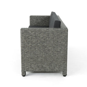 English Elm Christopher Knight Home® - PUERTA Outdoor 3-Seater Sofa with Weather-Resistant Cushions, Woven PE Rattan, Iron Frame, Modern Design 62979.00BLK