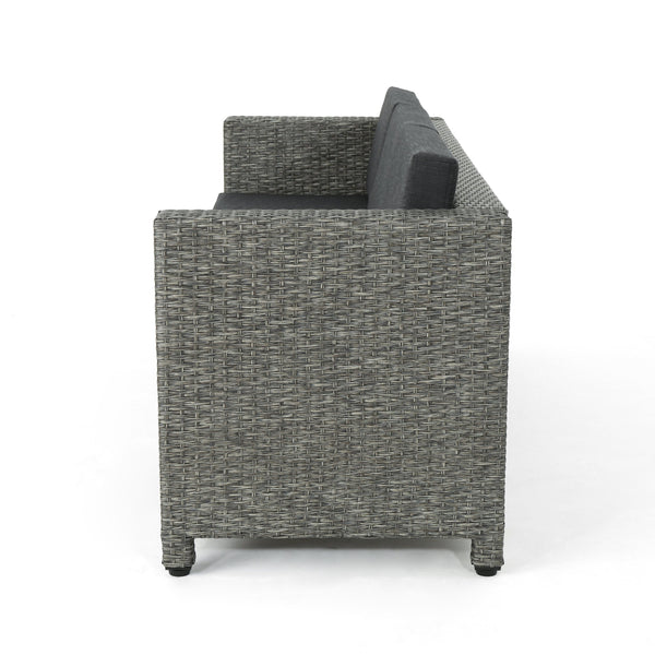English Elm Christopher Knight Home® - PUERTA Outdoor 3-Seater Sofa with Weather-Resistant Cushions, Woven PE Rattan, Iron Frame, Modern Design 62979.00BLK
