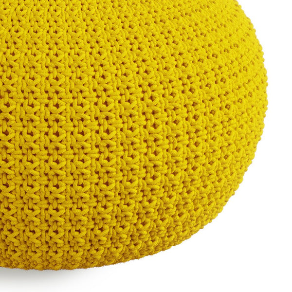 English Elm Sonata Round Knitted Outdoor Indoor Pouf in Yellow – Handcrafted Recycled PET, Water & UV Resistant, Durable Accent Seat (20" x 20" x 14") B136P159016