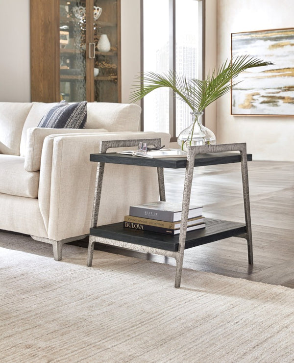 Hooker Furniture Chapman Charred Shou Sugi Ban End Table With Hammered Pewter Frame, Rustic Urban Accent (26") 6033-80214-99