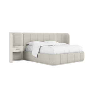 A.R.T. Furniture Ashlar Upholstered Wall Panel Bed With Floating Drawer And Dimmer Light In Coastal Modern Style White, Beige Parawood Solids,Birch Veneers,Foam,Fabric,Metal 333125-2250wn