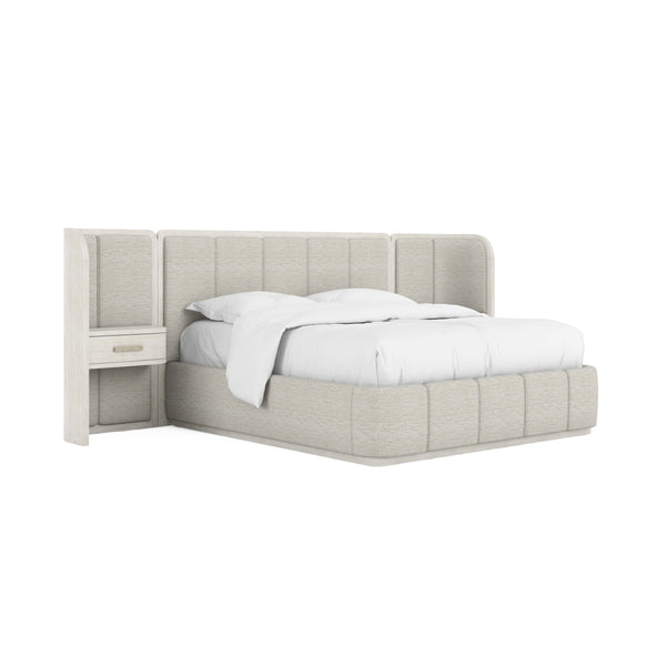 A.R.T. Furniture Ashlar Upholstered Wall Panel Bed With Floating Drawer And Dimmer Light In Coastal Modern Style White, Beige Parawood Solids,Birch Veneers,Foam,Fabric,Metal 333125-2250wn
