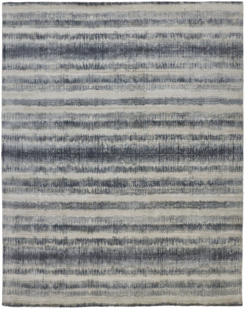 Feizy Rugs Mackay Hand Woven Viscose And Wool Low Pile Striped Rug For Luxurious Modern Home Decor Ivory,Blue Viscose,Wool Mky8824fnvy000e10