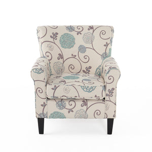 English Elm Jasmine Floral Upholstered Club Chair with Tapered Birch Legs and Tonal Piping Detail 52052.00WBLU