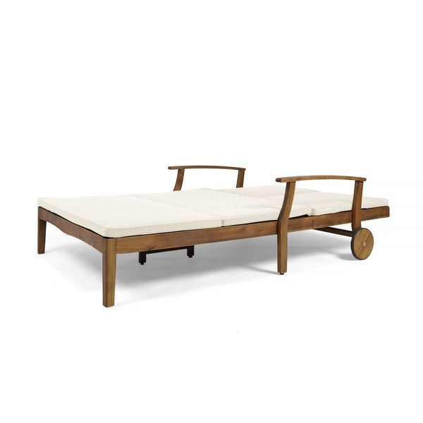 English Elm Christopher Knight Home® - Perla Double Chaise Lounge - Elegant Cream Acacia Wood For Poolside Relaxation & Adjustable Comfort 63357.00CRM