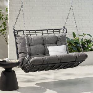 English Elm Christopher Knight Home® - ARRUDA Wicker Porch Swing with Water-Resistant Cushions, Iron Frame, Boho Outdoor Hanging Seat, 800 lb Capacity Grey 70653.00GRY