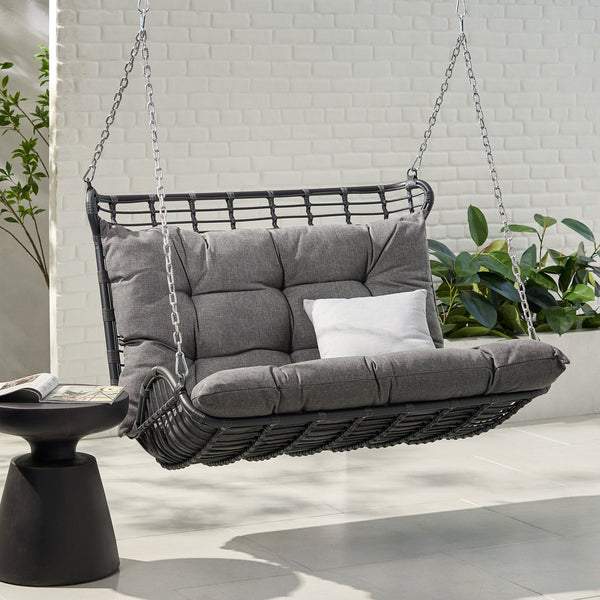 English Elm Christopher Knight Home® - ARRUDA Wicker Porch Swing with Water-Resistant Cushions, Iron Frame, Boho Outdoor Hanging Seat, 800 lb Capacity Grey 70653.00GRY