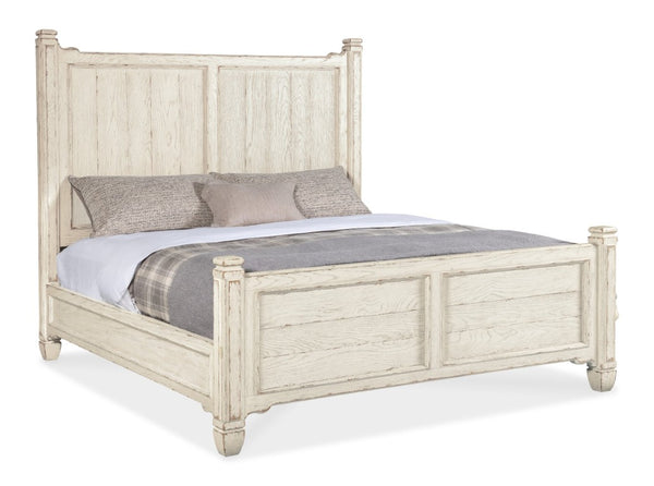 Hooker Furniture Americana King Panel Bed With Distressed Daisy Finish, Planked Headboard, Carved Scrollwork Accents Whites/Creams/Beiges 7050-90266-02