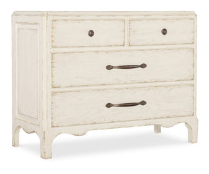 Hooker Furniture Americana Distressed Bachelor Chest With Scalloped Base, Antique Bronze Pulls, 4 Self-Closing Drawers, Timeless Appeal Whites/Creams/Beiges 7050-90217-02