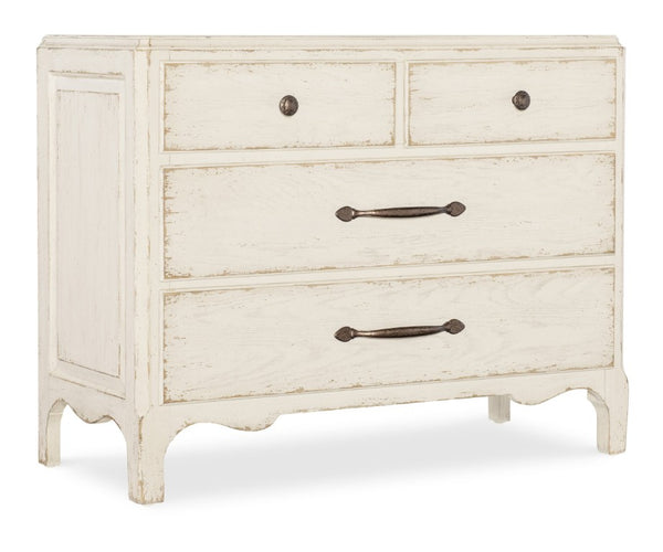 Hooker Furniture Americana Distressed Bachelor Chest With Scalloped Base, Antique Bronze Pulls, 4 Self-Closing Drawers, Timeless Appeal Whites/Creams/Beiges 7050-90217-02