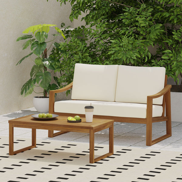 English Elm Christopher Knight Home® - SAMWELL Acacia Wood Outdoor Loveseat and Coffee Table Set with Water-Resistant Cushions, Sleek Slat Design Teak 52.75 L x 33 W x 17.75 H 70137.00BGE
