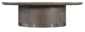 Hooker Furniture Modern Mood Round Cocktail Table With Quartered Oak Veneer, Pewter Band Accent, Distressed Oak Finish Medium Brown 6850-80311-89