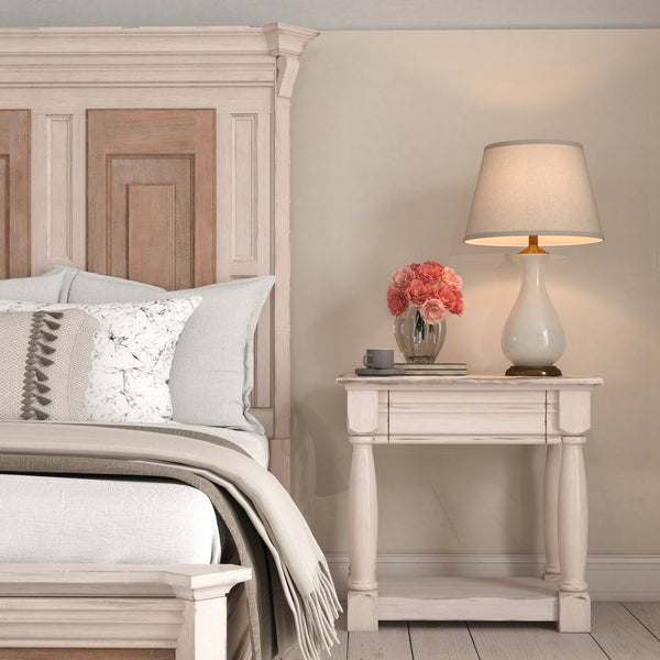 A.R.T. Furniture Alcove Night Table In Belgian Ivory - Vintage Charm With Hidden Drawer And Plinth Shelf Design White Acacia Solids,Maple Veneers,Metal 321141-2817
