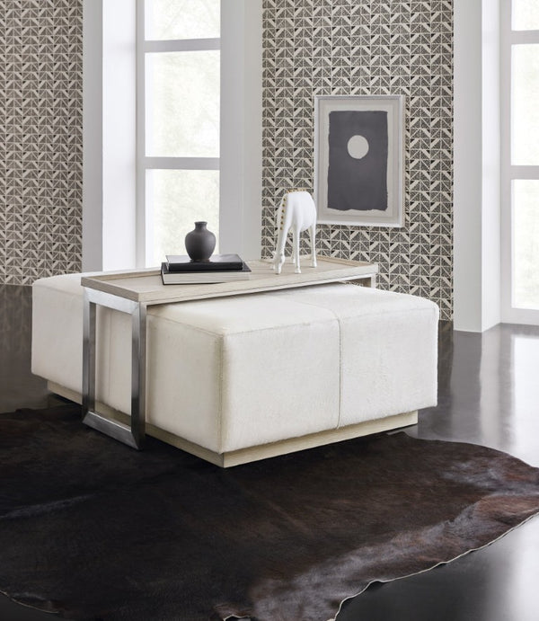 Hooker Furniture Melange Cream Hair-On-Hide Bridged Cocktail Table With Movable Wood Tray, Light Plinth Base, Luxe Texture 628-80481-95