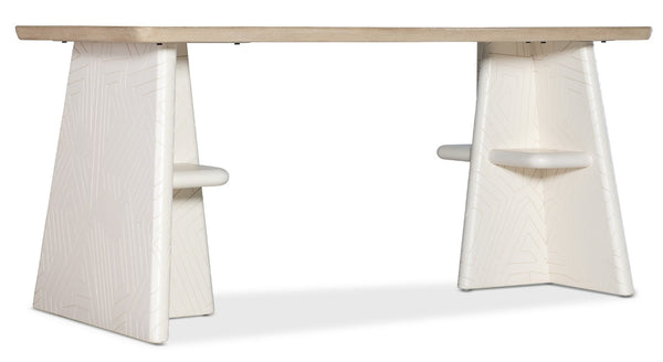 Hooker Furniture Commerce Effie Writing Table — Two-Tone Elm Top, Carved Geometric Double-Pedestal, Built-In Storage 7228-10018-80