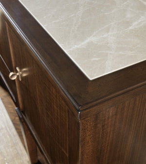Hooker Furniture Archives Server — Figured Walnut Sideboard With Castle Grey Marble Top, Satin Brass Hardware, Generous Storage 6123-75907-89