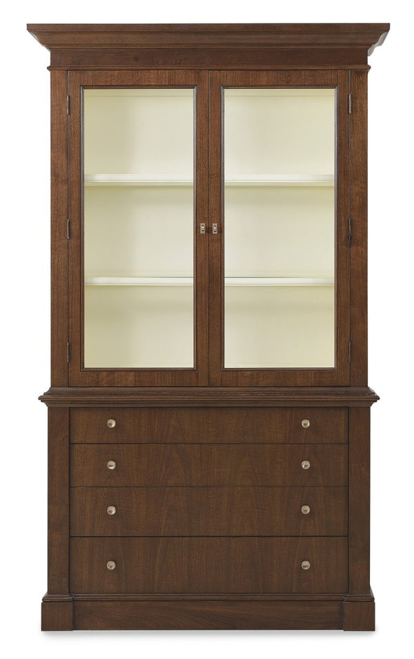 Hooker Furniture Archives Display Cabinet With Cathedral Walnut Veneer, Touch Led, Satin Brass Hardware & Storage 6123-75906-89