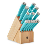 Hampton Forge 15-Pc Epicure Aqua Knife Set with Wood Block & Ergonomic Handles