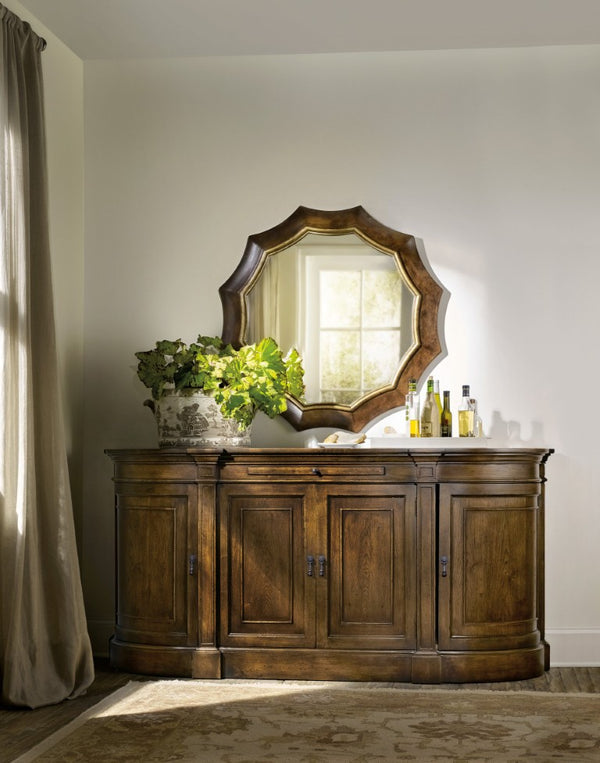 Hooker Furniture Archivist Pecky Pecan Sideboard With Bluestone Top, Antique Hardware, Felt-Lined Drawers & Pull-Out Serving Surface 5447-75903