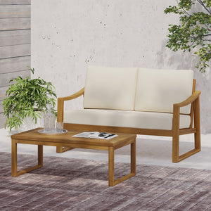 English Elm Christopher Knight Home® - SAMWELL Acacia Wood Outdoor Loveseat and Coffee Table Set with Water-Resistant Cushions, Sleek Slat Design Teak 52.75 L x 33 W x 17.75 H 70137.00BGE