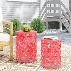 English Elm Metal Nesting End Table Set of Two with Floral Iron Cut Design for Living Room Coral 73604.00DCRL