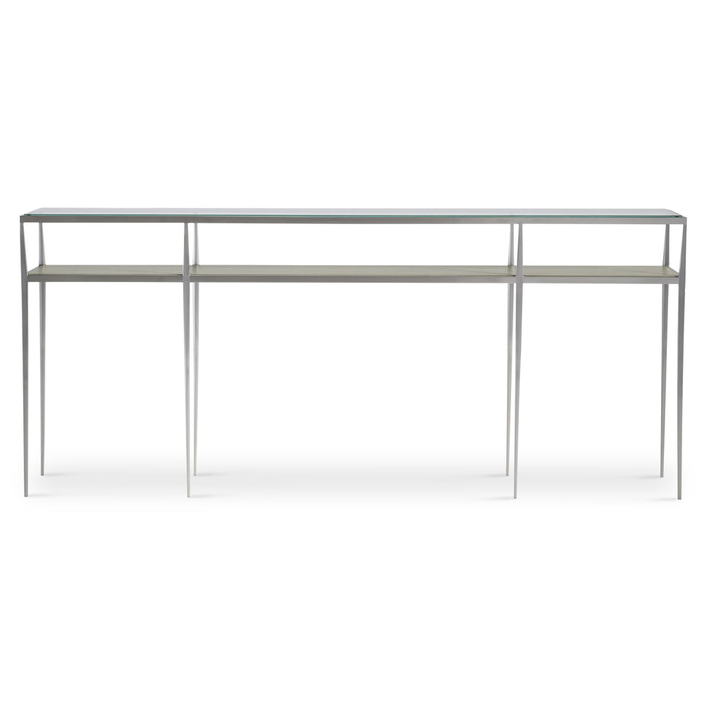 Bernhardt Bernhardt Cornelia Console Table — 72"W Tempered Glass Top, Brushed Stainless Frame, Nebbia Wood Shelf 331910