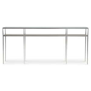 Bernhardt Bernhardt Cornelia Console Table — 72"W Tempered Glass Top, Brushed Stainless Frame, Nebbia Wood Shelf 331910
