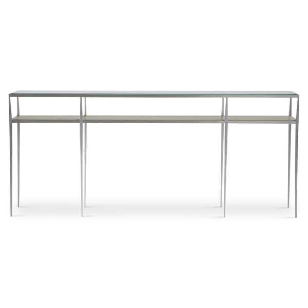Bernhardt Bernhardt Cornelia Console Table — 72"W Tempered Glass Top, Brushed Stainless Frame, Nebbia Wood Shelf 331910